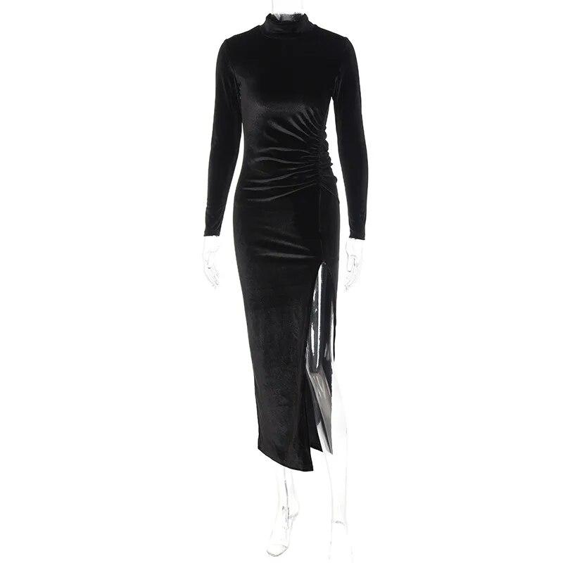 2023Damen solides Samt-Langarm-Midikleid, seitlicher Schlitz, figurbetont, sexy Streetwear, Party, elegant, Club, Stehkragen, langer Samtrock, schmales, gerüschtes Schlitzkleid