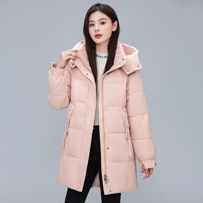 Brand down jacket women's winter new medium and long hooded warm thickened loose and thin solid color coat