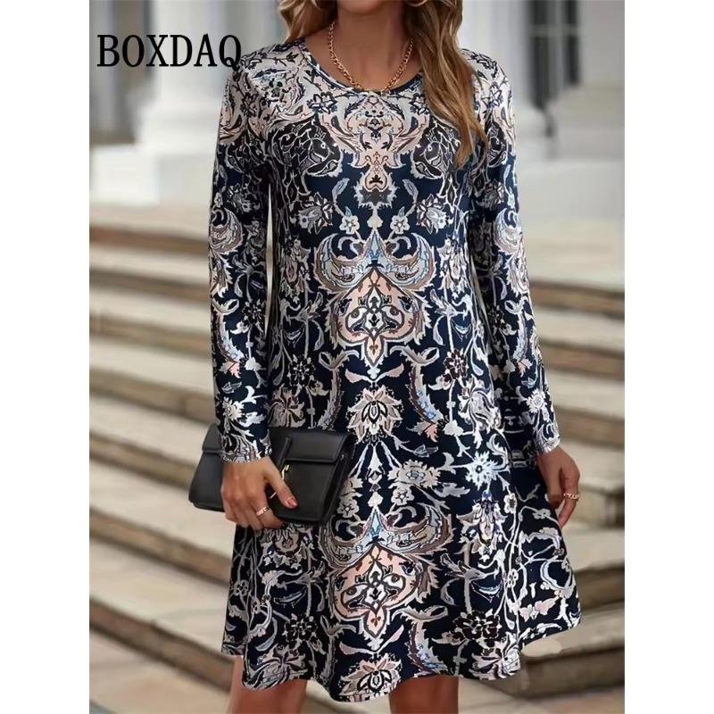 Women's Clothing Autumn Women Retro Flowers Dress Summer Vintage Causal Fashion Long Sleeve