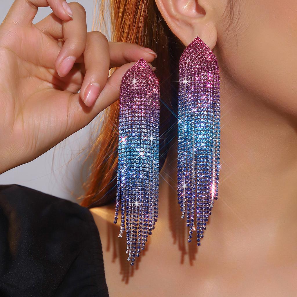 Beliebter Schmuck Luxus glänzender Strass lange Fransenohrringe