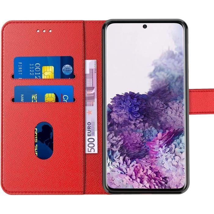Coque Pour Samsung S20 (6.2") Rouge Effet Cuir Anti-Choc Protection 360 degré avec Rangement Billet Rangement Carte Souple