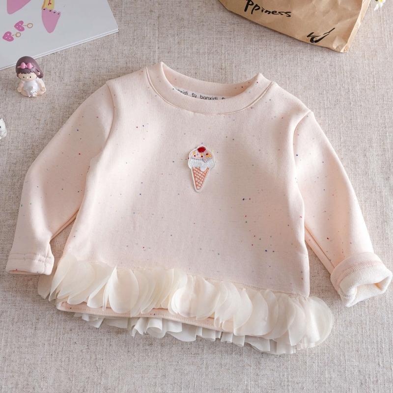 Girls Long Sleeve T-shirt Sweet Flower Patchwork Hem Warm Clothes Cotton Blend Comfortable Breathable Round Neck Pullover for Toddlers