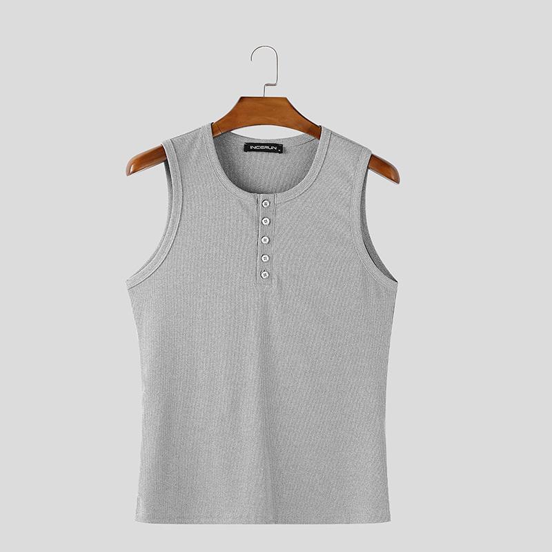 

INCERUN Mens Summer Button O-neck Sleeveless Solid Color Casual Rib Tank Tops 4XL
