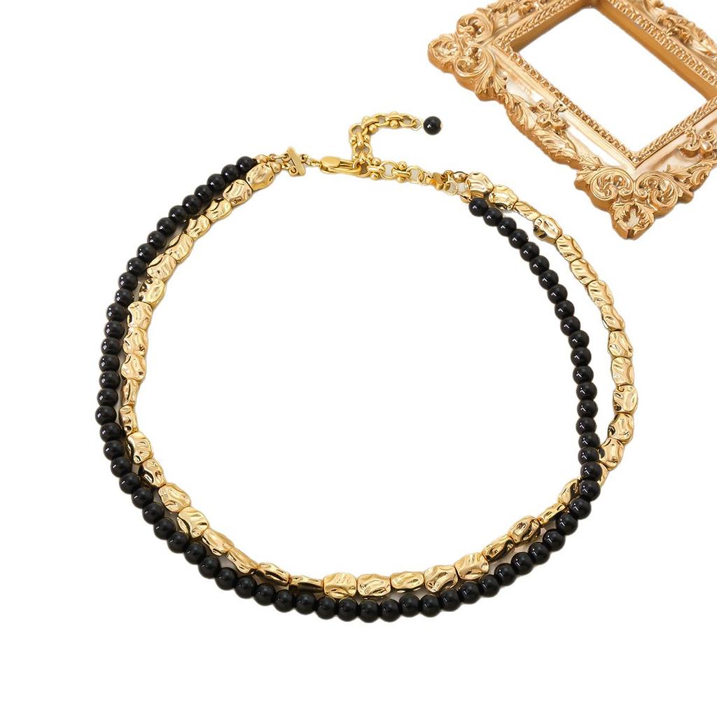 Fashion Personality Niche Explosive Bracelet Plated With 18K Gold Natural Obsidian Bead Necklace Women