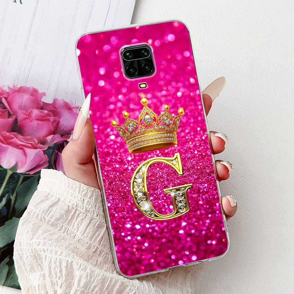 Clear Cover For Xiaomi Redmi Note 9s Case Fashion Luxury A-Z Letters Crown Soft TPU Phone Case M2003J6A1G