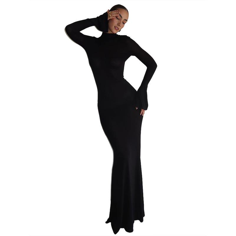 2023 Autumn/Winter Women's Fashion: Sexy Backless Slim-Fit Round Neck Long Sleeve Dress