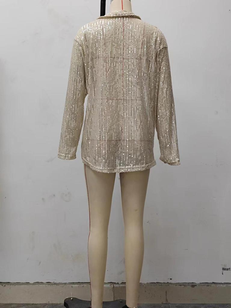 2025 Autumn European and American Women's Sequin Long-Sleeve Lapel Casual Shirt
