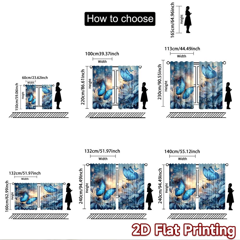 2D flat printing 2pcs Party Curtain Blue Butterfly Flower Fantasy Digital Printed Polyester Drapes Party Decorations for Bedroom