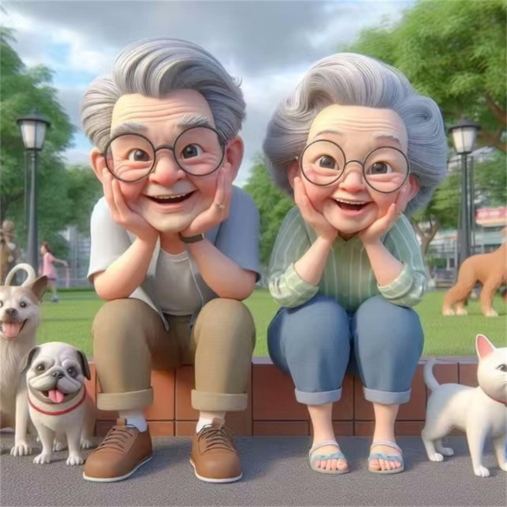 Cartoon Happy Old Couple 5D Full Round Diamond Painting Kits, Cute Grandma and Grandpa DIY Drills Mosaic Embroidery Cross-stitch