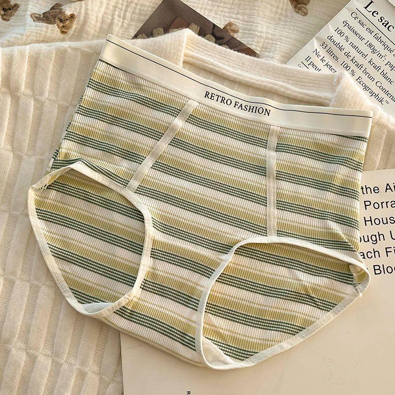 Women's High-Waisted Tummy Control Striped Plus-Size Underwear with Crotch for Autumn and Winter