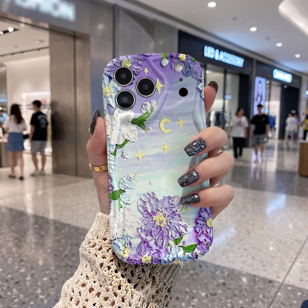 Oil Painting Purple White Flower Moon Star Phone Case For iPhone 16 15 14 Pro Max 13 12 Wavy Edge