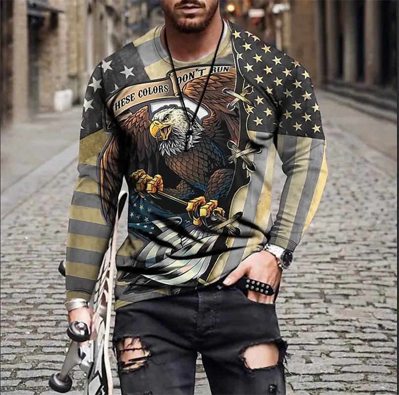 

Весенне-осенний топ с круглым вырезом и 3D-принтом американского флага и орла, модные повседневные мужские футболки с длинным рукавом 5XL