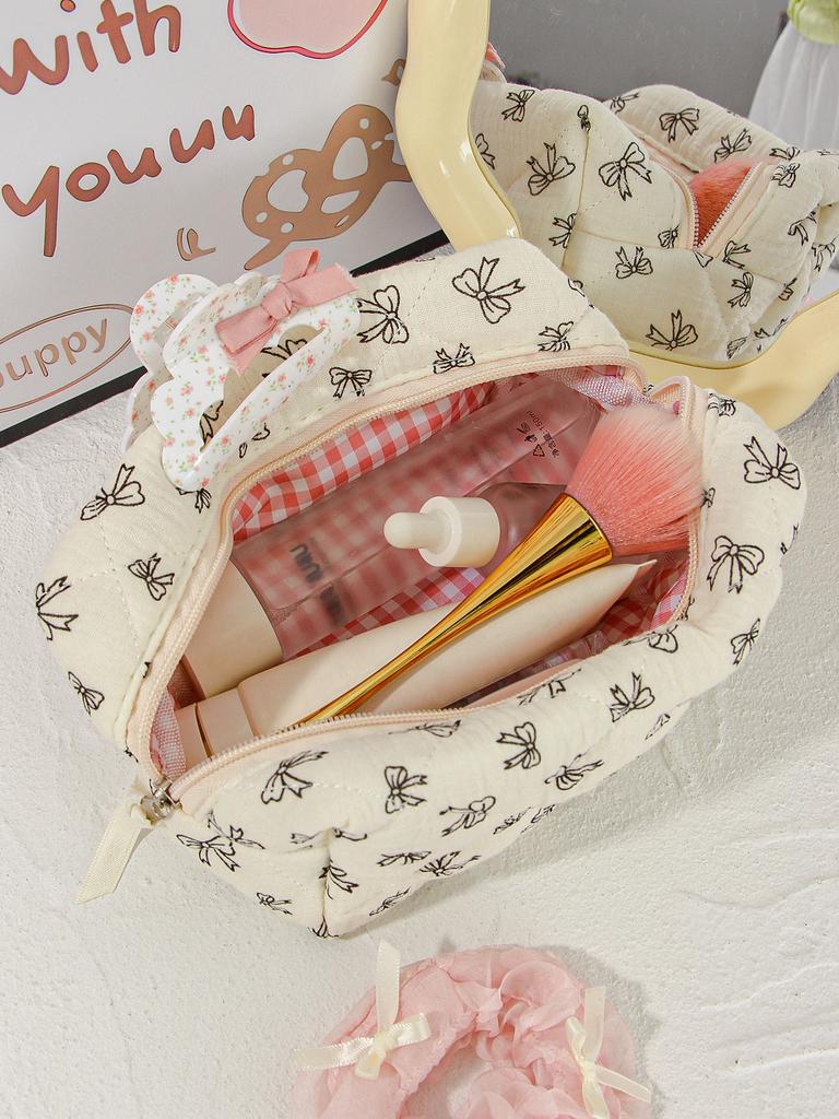 Floral Bow Cotton Makeup Bag, Large Travel Cosmetic Pouch, Flower Print Storage Organizer, Durable & Stylish Design