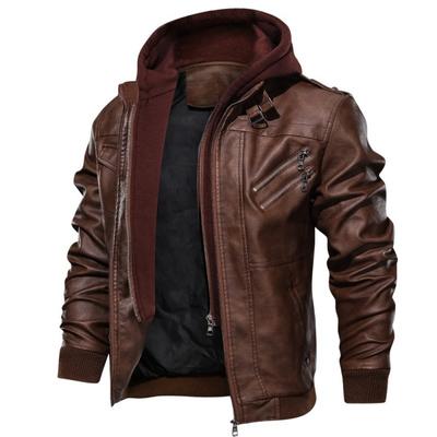 Herbst- und Winter Herren Abnehmbare Kapuzen PU Lederjacke Jacke Übergröße Herren Lokomotivlederjacke