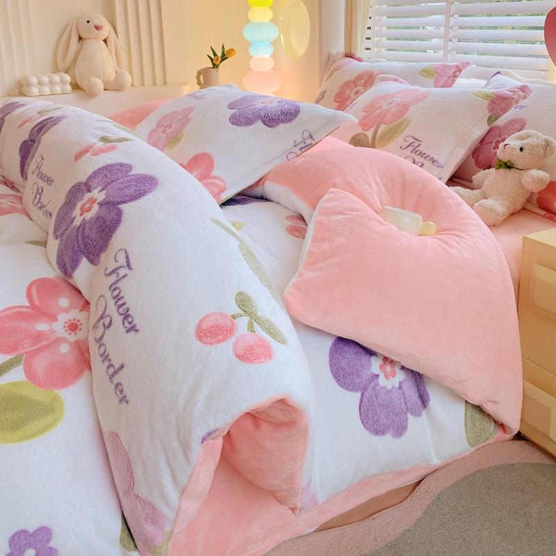 Snowflake Fleece Four-Piece Set, Thickened Milk Coral Fleece Quilt Cover, Double-Sided Fleece Quilt Cover, Bed Sheet, Bed Hat Three-Piece Set