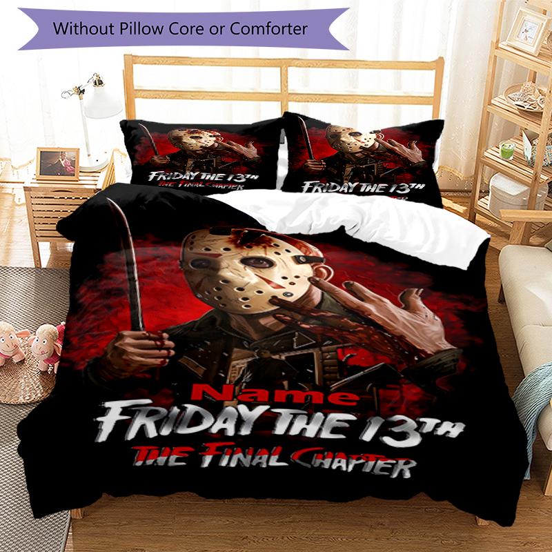 3pcs Custom Name Friday the 13th Bedding Set Duvet Cover Closure Includes 1 Duvet Cover & 2 Pillowcases, Soft and Comfortable for All Seasons.
