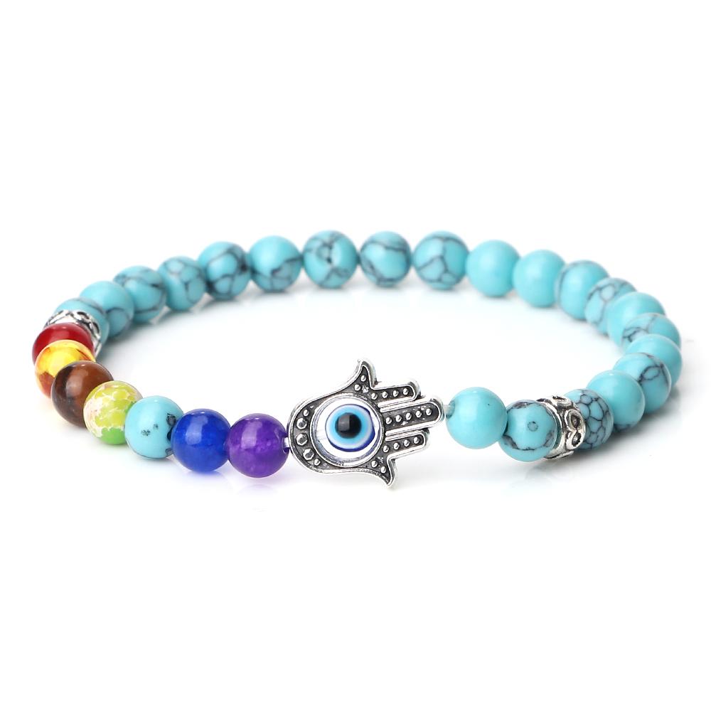 6mm 7 Chakra Beads Bracelets Lucky Evil Eye Hand Of Fatima Women Men Natural Lava Stone Agates Bracelet & Bangle Prayer Jewelry