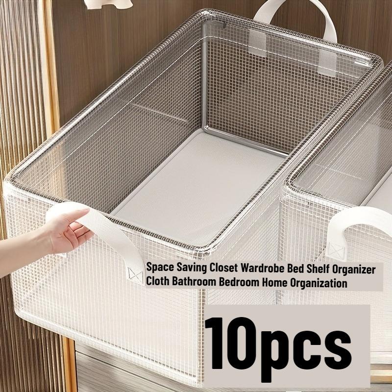 

10pcs Clear Stackable Storage Baskets Space Saving Closet Wardrobe Bed Shelf Organizer Cloth Bathroom Bedroom Home Organization