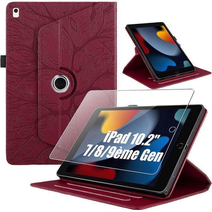 Coque + Verre Trempé pour iPad 10,2 Pouces (7/8/9ème Gen) Rotatif Motif Arbre Cuir PU Rouge