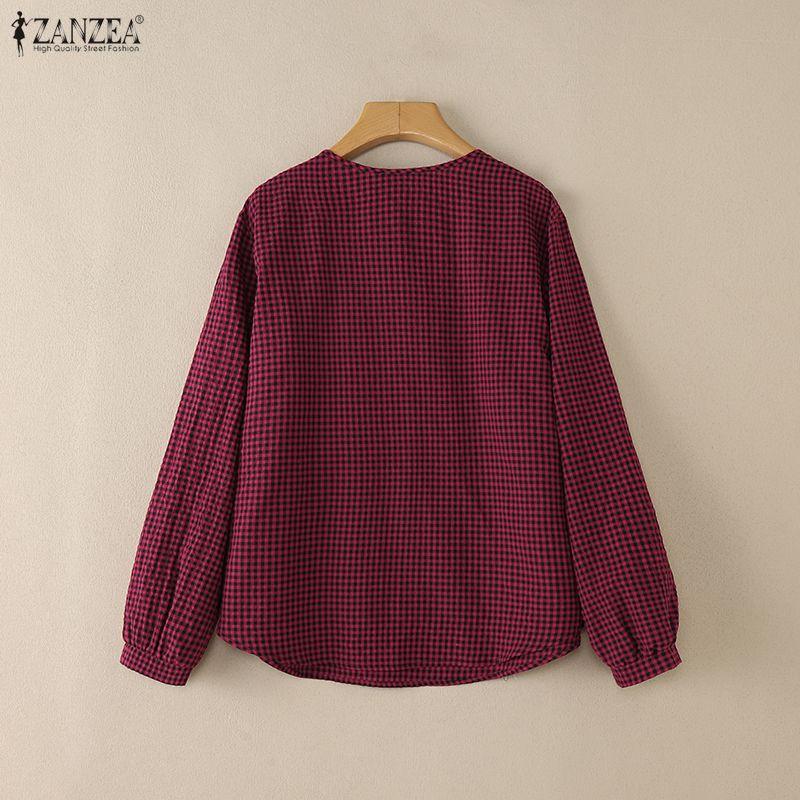 ZANZEA Women Casual Round Neck Long Sleeve Plaid Print Loose Blouse