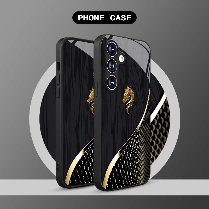 Golden dragon head texture black glass phone case suitable for Samsung Galaxy S26 S25 S24 S22 S21 S20 FE/Ultra/Plus anti drop