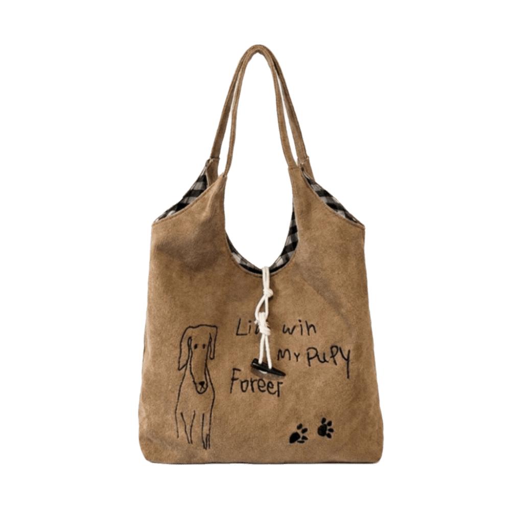 Vintage Drawstring Shoulder Bag Little Dog Handbag Fashion Puppy Paw Print Tote Bag Casual Wear