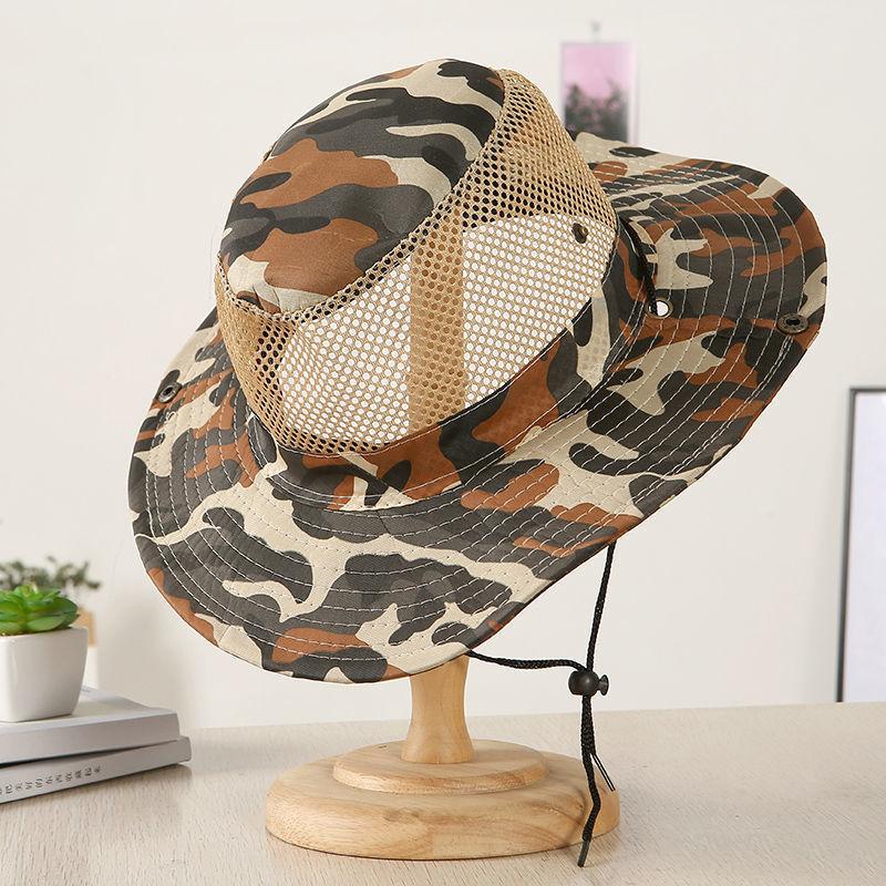 Men's Camo Mesh Sun Hat Wide Brim Breathable Bucket Hat UV Protection Outdoor Fishing Cap