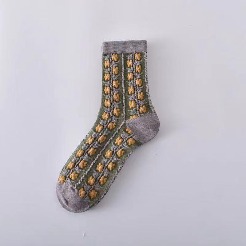 Șosete Vintage Embosate Florale de Cafea până la Mijlocul Gambei pentru Femei - Stil Literar de Curte Toamnă/Iarnă