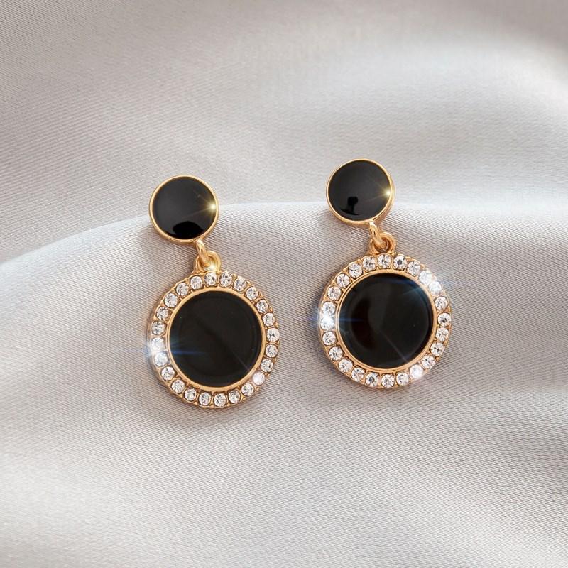 Crystal Black Round Drop Earrings for Women Double-layers Oil Dangle Earrings Bohemian Elegant Wedding Jewelry Hanging earrings