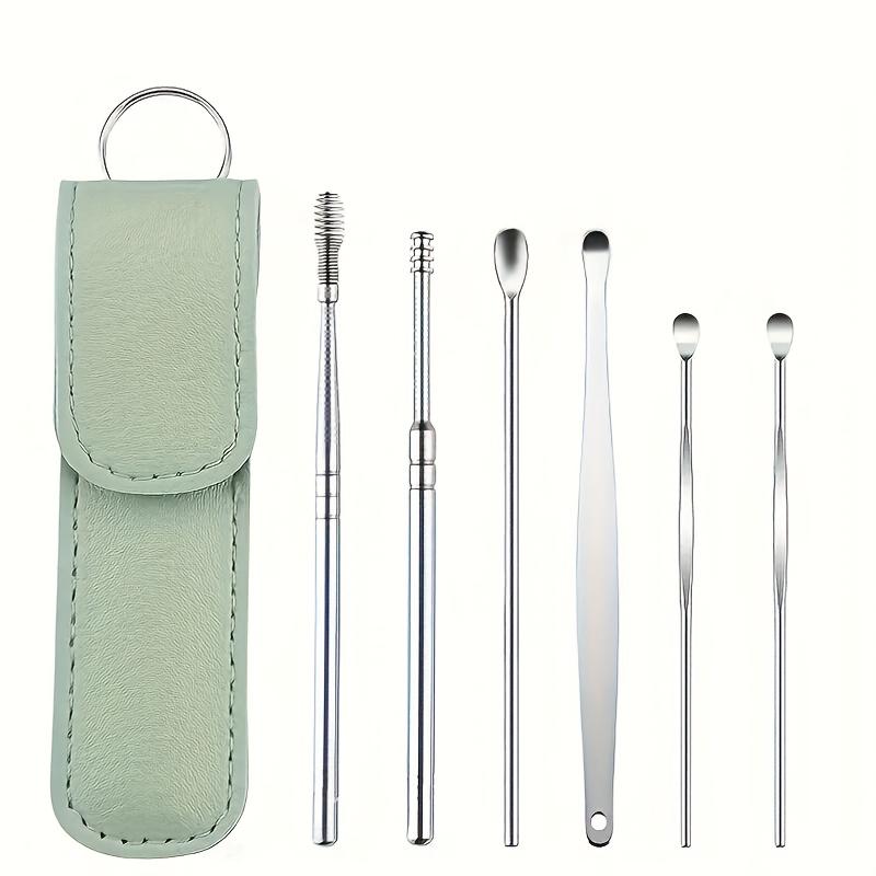 

Набор из 6 шт., инструмент для удаления ушной серы, инструмент для чистки ушей, набор для удаления ушной серы, портативный кожаный чехол для хранения, используется для путешествий и бизнеса зелёный