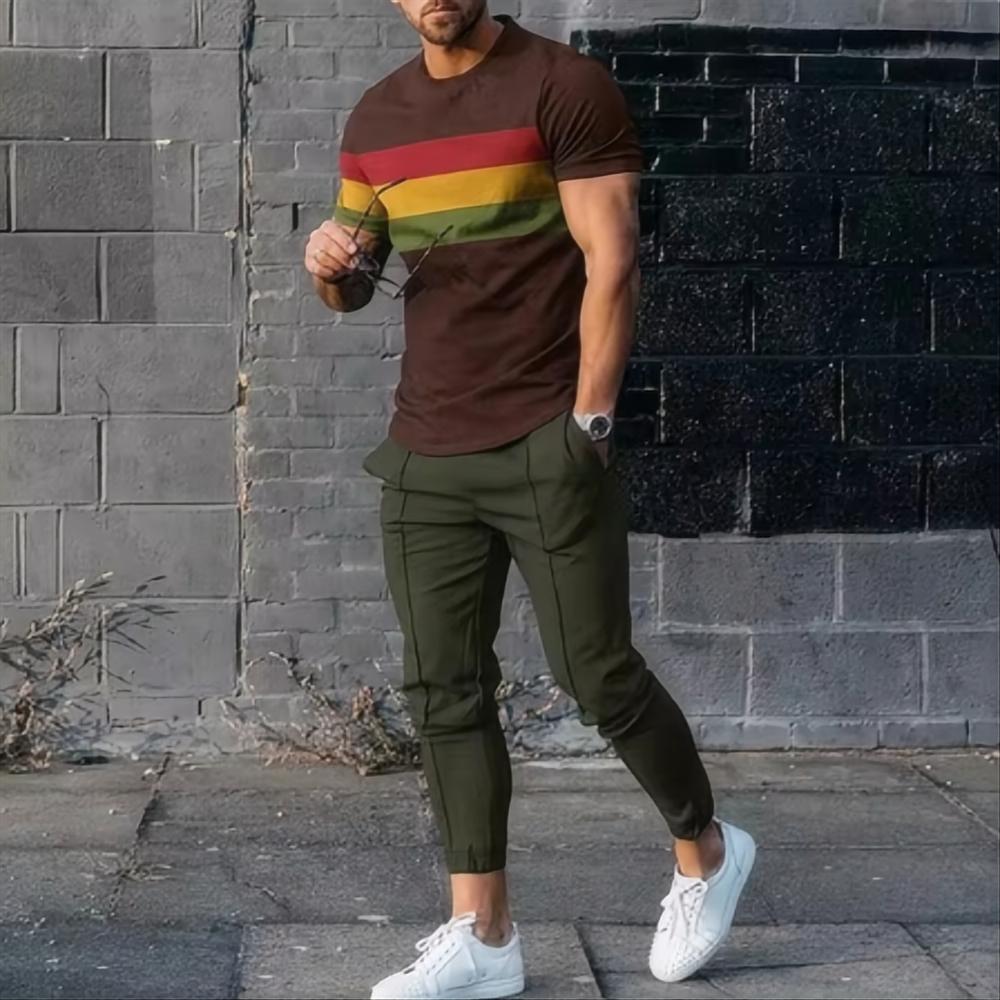 Men's Sports Set Jogging Suit Printed Summer Fashion Fun Short Sleeved Men's T Shirt Pants Set