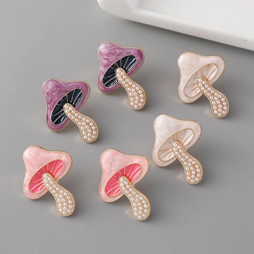 Summer Forest Series Mushroom Stud Earrings Women's Niche Design Sense Trendy Alloy Drip Oil Exaggerated Earrings Pearl Earrings