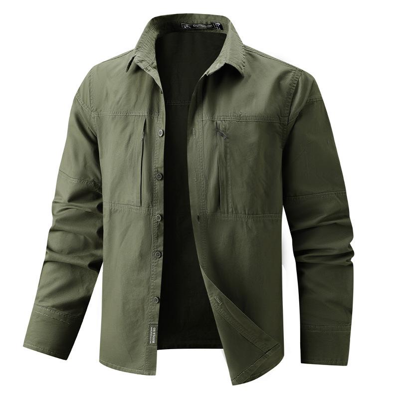Double Zipper Large Pocket Autumn New Men's Work Clothes Long Sleeve Shirt Large Size Pure Cotton Middle-aged and Young Shirt Thin