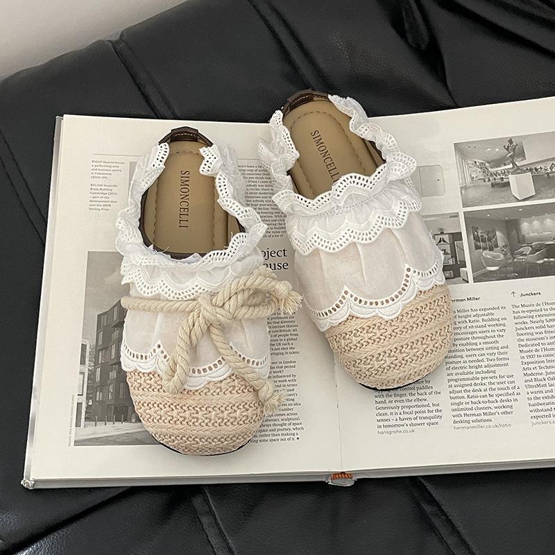 Fashion Women Casual Flats 2025 Summer New Lace Weave Breathable Straw Slippers Outdoor Fashion Bow-knot Comfortable Mules Half Slipper