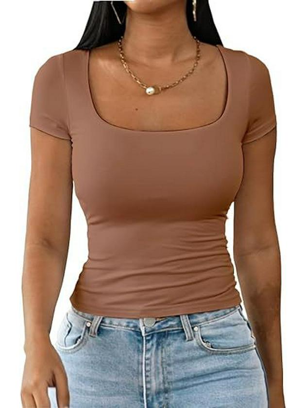 Dames 2025 Sommer U-hals Slim Casual T-skjorte - Kort Ermet Mote Pullover