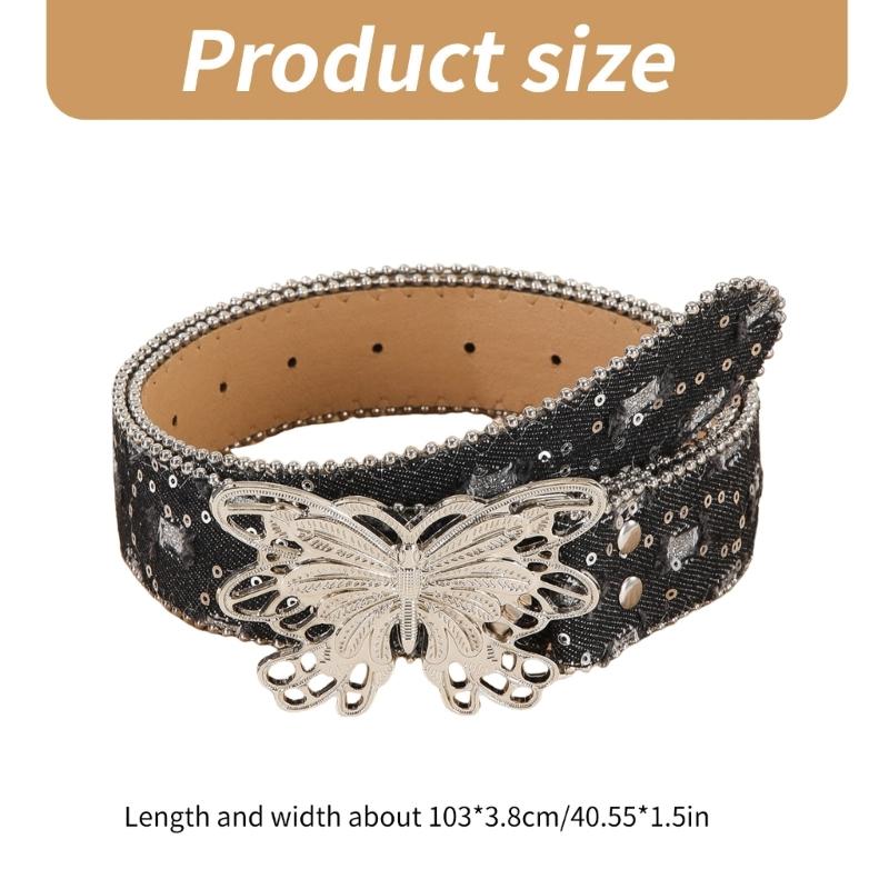 Punk PU Waist Belt for Jean Heavy Duty Hip Hop Belt Waistband Glinting Buckle with Encrusted Butterfly