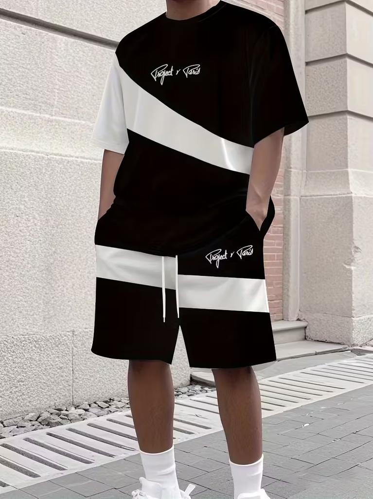Heren King Letterprint T-shirt Shorts 2-delige Set Grote Maten Heren Sport Shorts met Trekkoord Zak Steek Kleur T-shirt Pak