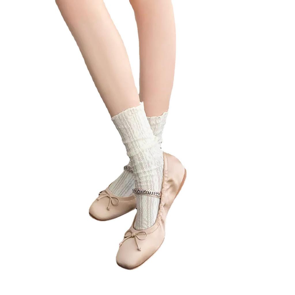 Elegant White Cable Knit Mid-Calf Socks: Women's Ballet Style Lace Mesh Leg Warmers