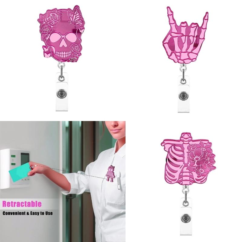 Retractable Keychain Name Card Holder Acrylic Carabiner Holder Skull Name Card Holder ID Badge Holder for Office School