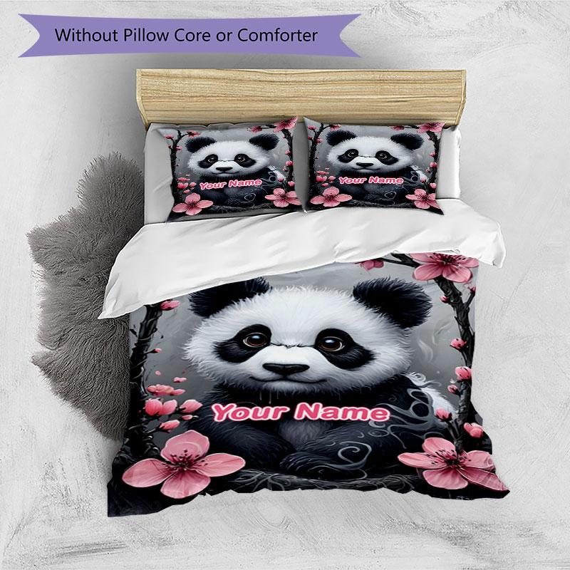 3PC Custom Name Panda Blossom Art Bedding Set Duvet Cover Closure Includes 1 Duvet Cover & 2 Pillowcases for Bedroom