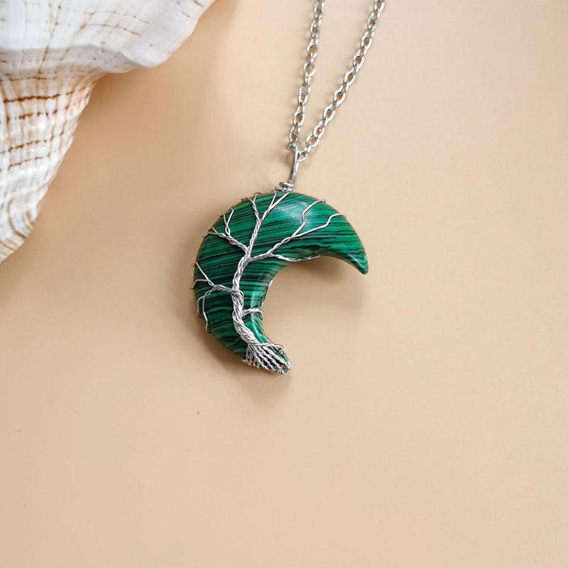 Natural Crystal Pendant Wire Wrap Tree Of Life Big Moon Crescent Mineral Stone Pendulum Amethyst Quartz Necklace For Women Gift