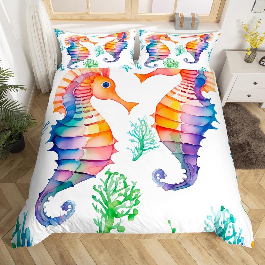 Seahorse Duvet Cover Sets For Kids Teens Queen Lightweight Bedding Sets Ocean Animal Bedspread Covers Bedroom Decor No Comforter