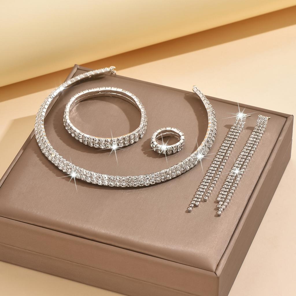 Full Diamond Earrings Ring Premium Zircon Necklace Bracelet Set Jewelry