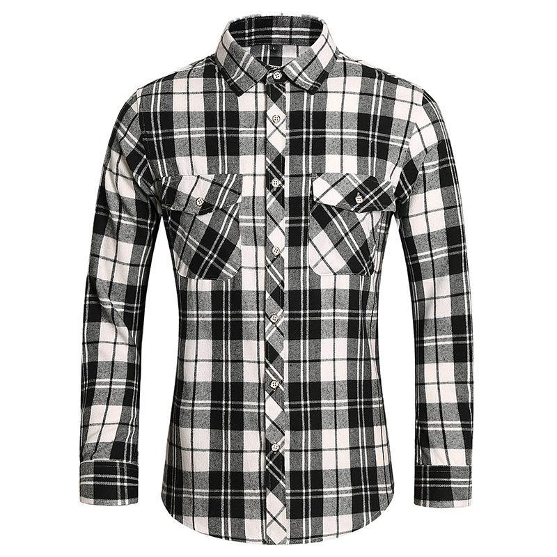 2025 Men's Plus Size Plaid Long Sleeve Shirt with Double Pockets