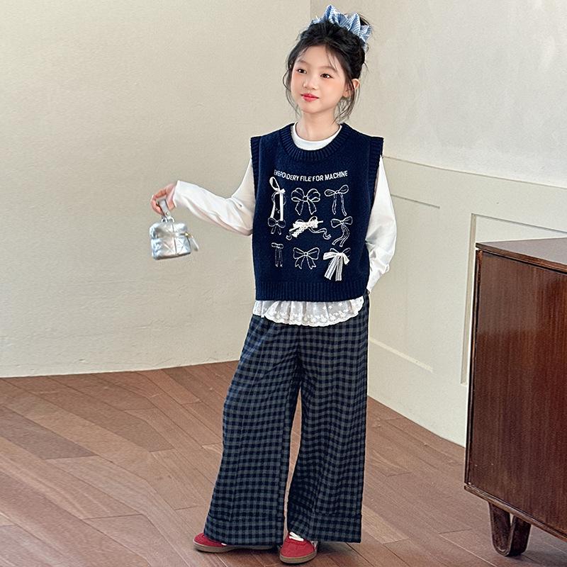 2025 Girls' Sweater Vest & Jeans Set - Spring/Autumn Knitwear for Big Girls and Middle School Students