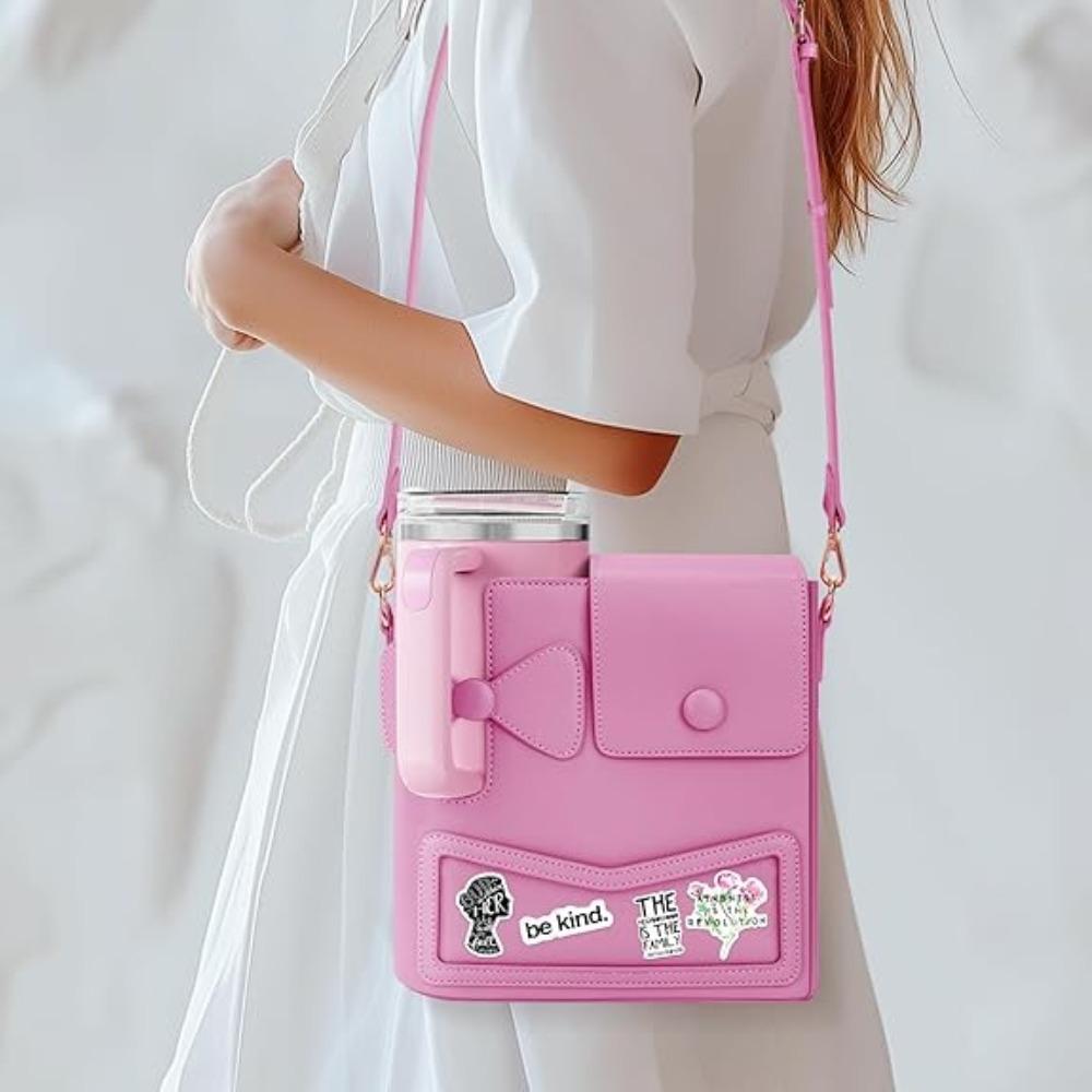 Crossbody Water Bottle Storage Bag PU Leather Large Capacity Travel Cup Holder Adjustable Shoulder Strap Cup Sleeve Pouch
