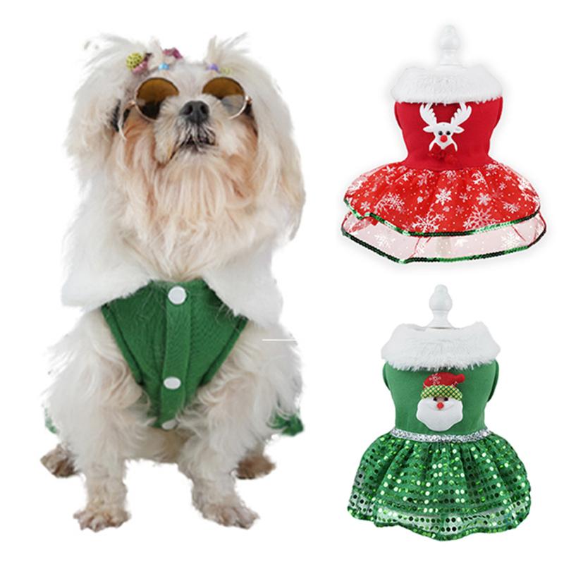 Pet Christmas Dress Elk Santa Print Warm Sequins Skirt Xmas Pet Customes For Small Medium Large Dog