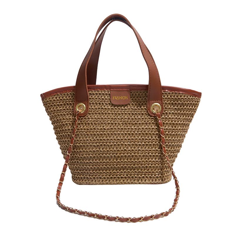 Women's 2026 Korean-Style Vacation Straw Bag: Handheld, Large Capacity, Chain Shoulder, Simple Fruit Basket Design