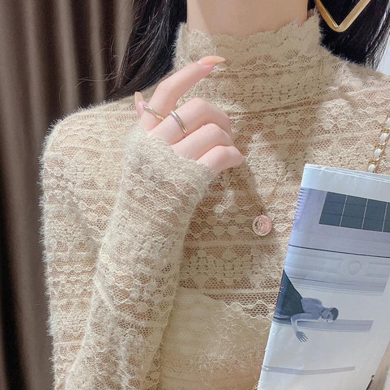 

Женская рубашка с кружевом Hook Flower Hollowed Out Brushed с полувысоким воротом L