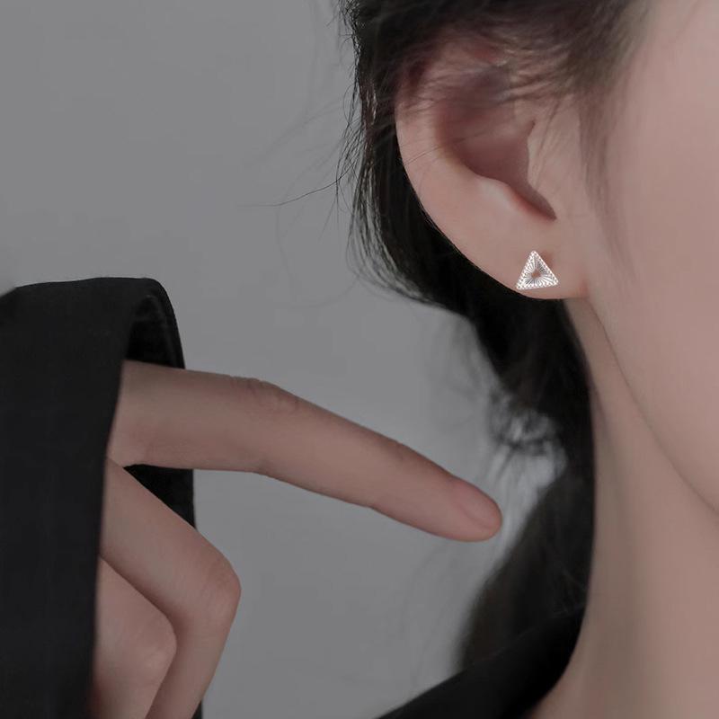 Elegant S925 Sterling Silver Crushed Ice Triangle Stud Earrings for Women, Minimalist Ins Style, Comfortable for Sleeping.